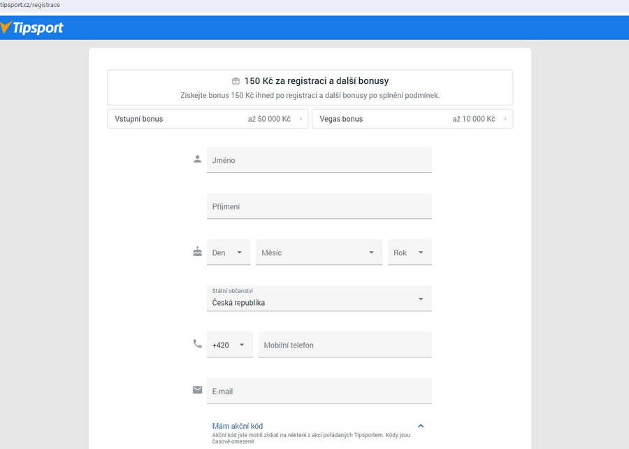 Registrační formulář u Tipsportu