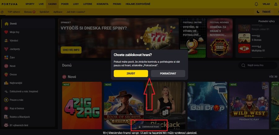 Pomocné tlačítko Panic button se zobrazuje u&nbsp;Fortuny poté, co se přihlásíte ke svému účtu.