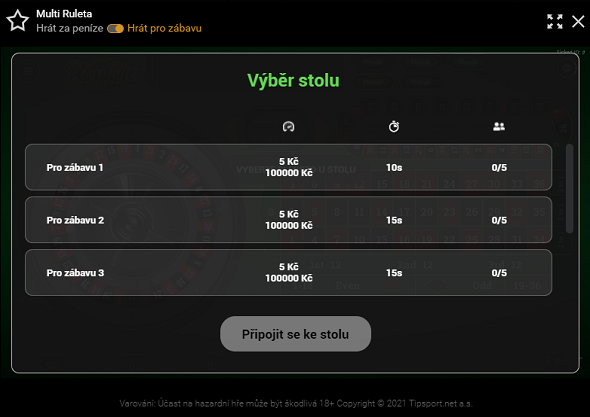 Výběr stolů Multi Roullete u Tipsport Vegas