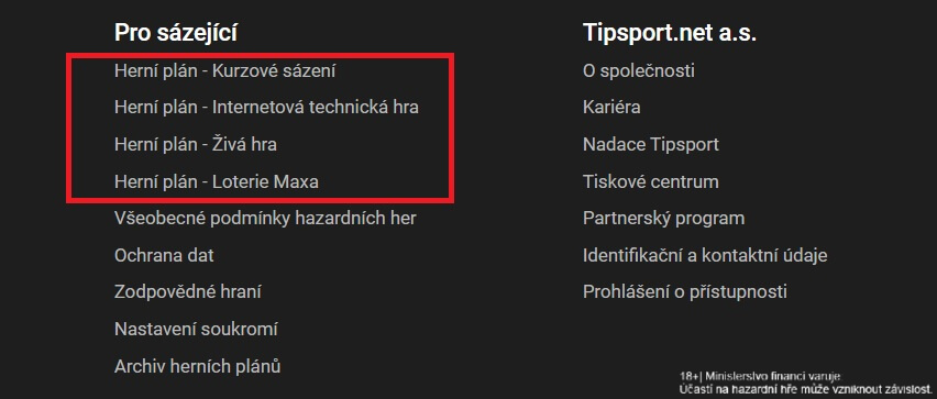 Herní plány jsou obvykle dostupné ve spodní části webu provozovatele