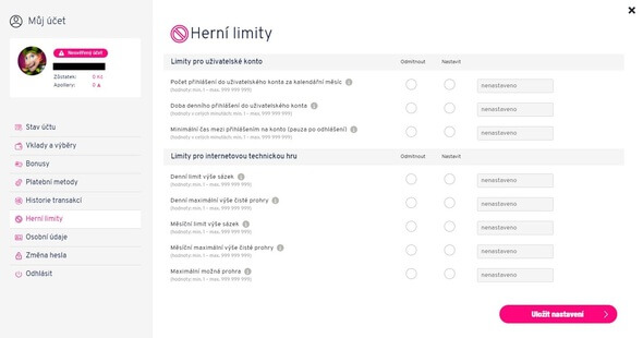 Nastavení limitů u Apollo Games