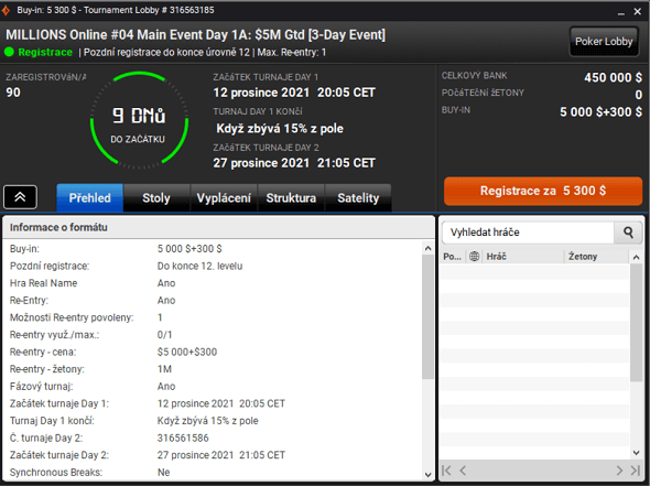 Parametry úvodního flightu Main Eventu partypoker MILLIONS Online 2021