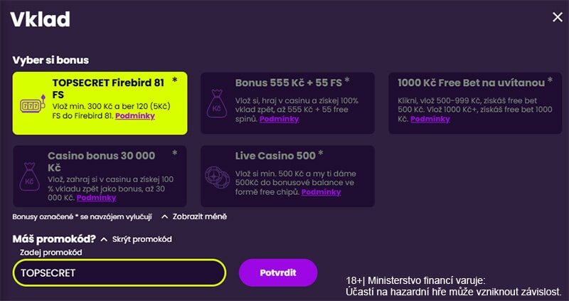 Zadáním kódu se vám zpřístupní extra bonus se 120 free spiny v hodnotě 600 Kč.