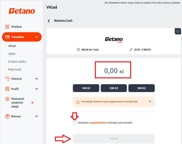 Cash vklad Betano – vložte si hotovost na online účet