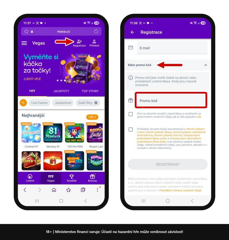 Kolonka pro vypsání promo kódu při registraci na mobilu