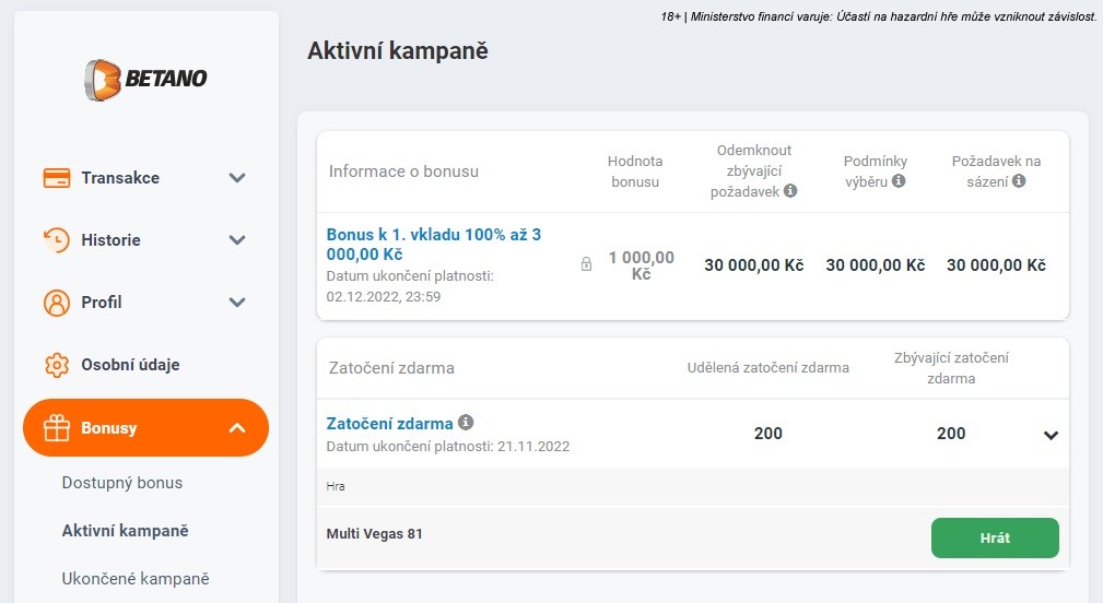 Přihlaste se na své herní konto Betano, kde najdete bonusové free spiny