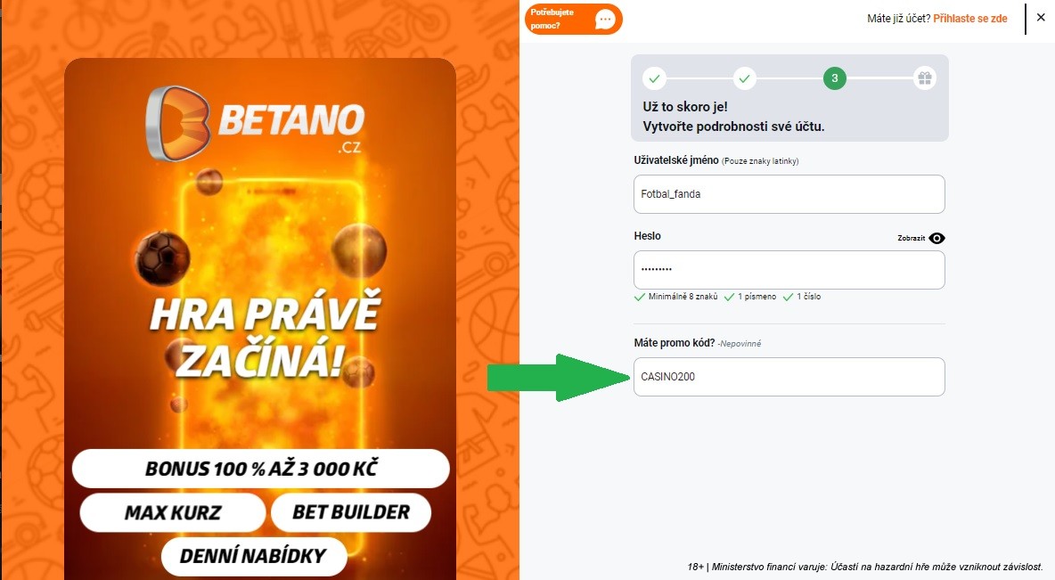 Betano bonusový kód se vepisuje ve třetí části registračního formuláře