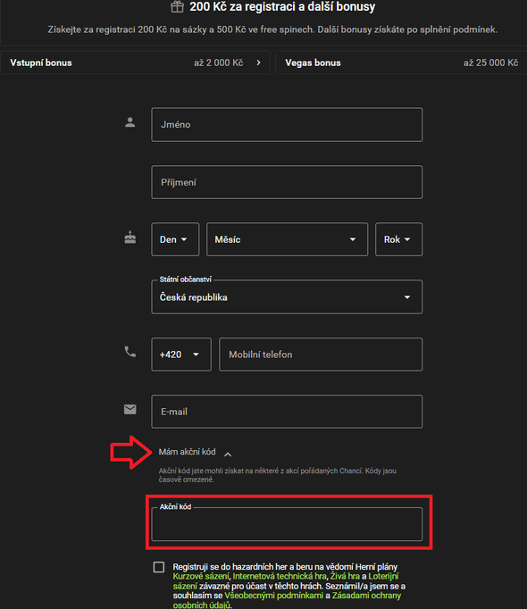 Kde je kolonka na Chance akční kód k&nbsp;registraci?