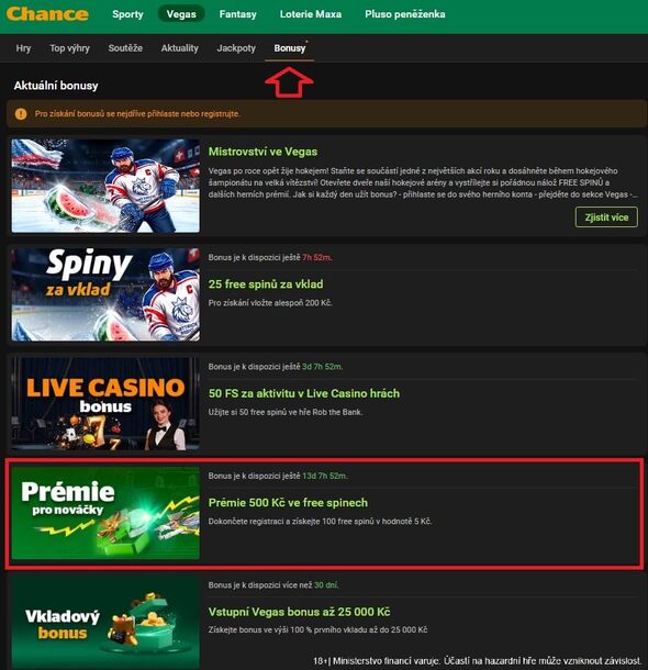 Ověření dostupnosti bonusu 500&nbsp;Kč ve FS u&nbsp;Chance Vegas