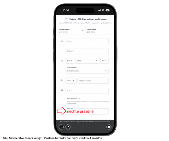 Kolonka pro registrační kód Tipsport na mobilu