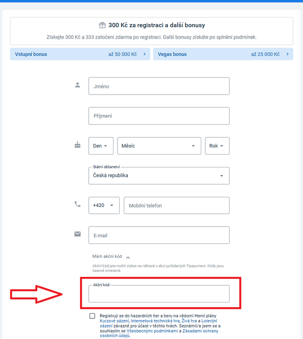 Kam napsat Tipsport akční kód při registraci?
