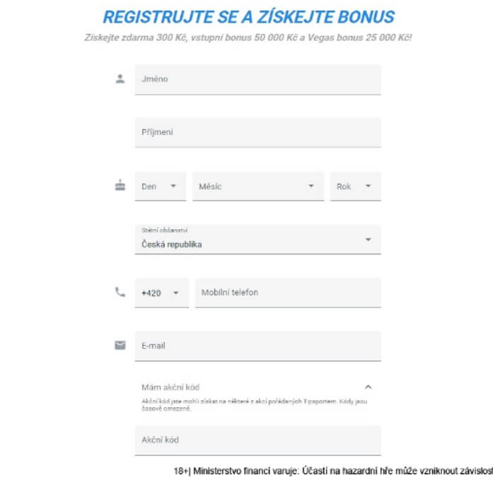 Registrační formulář online casina Tipsport