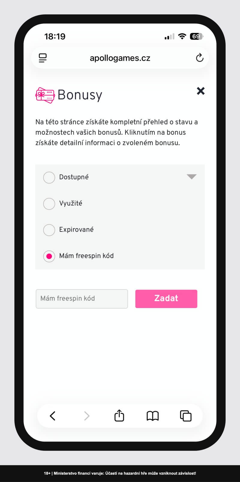Kam zadat Apollo Games freespin kód?