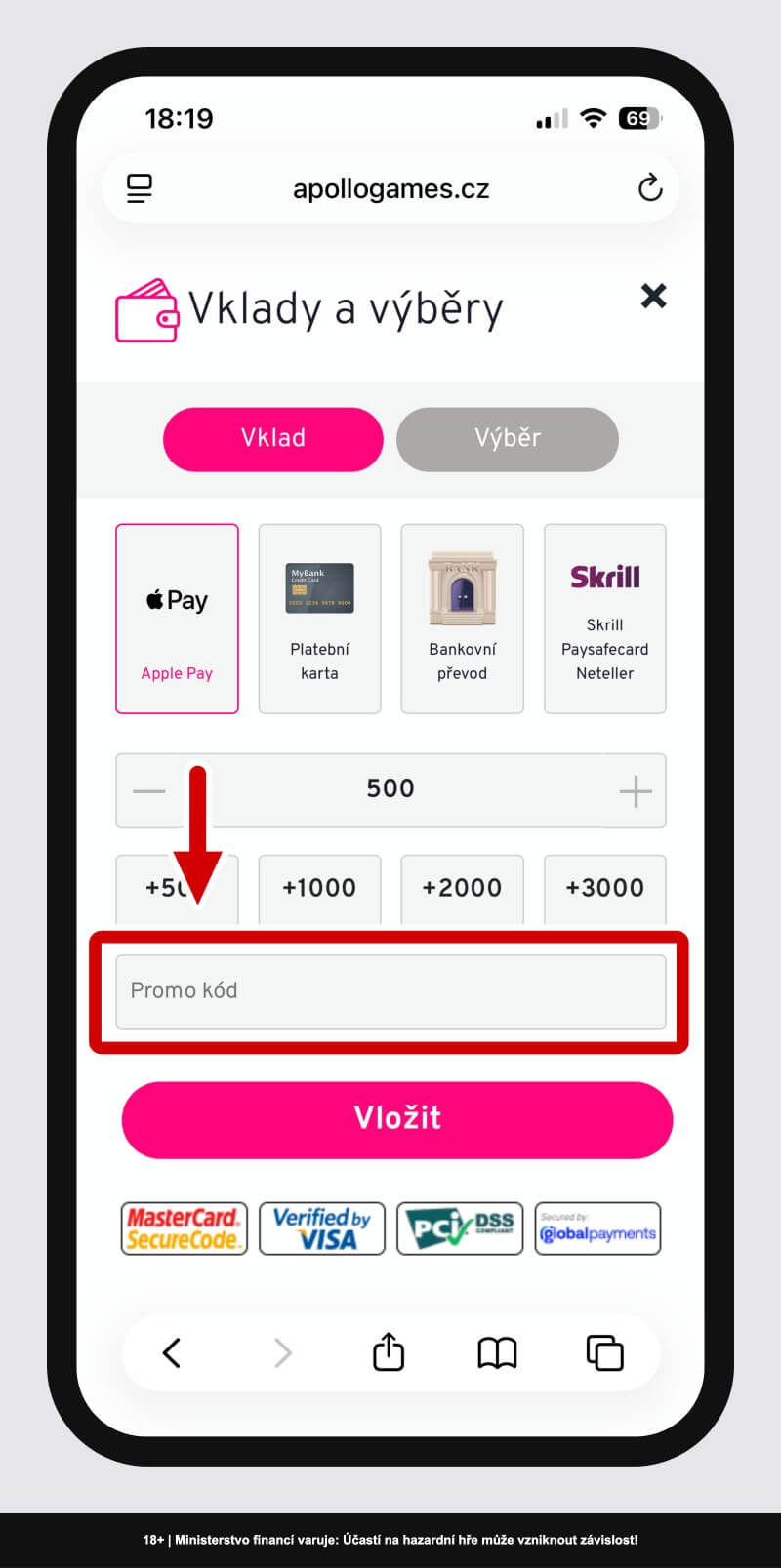 Kam se píše Apollo Games promo kód?