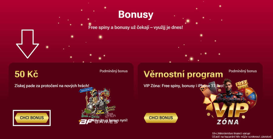 V sekci BONUSY se vám zobrazí bonusová akce s&nbsp;názvem 50&nbsp;Kč