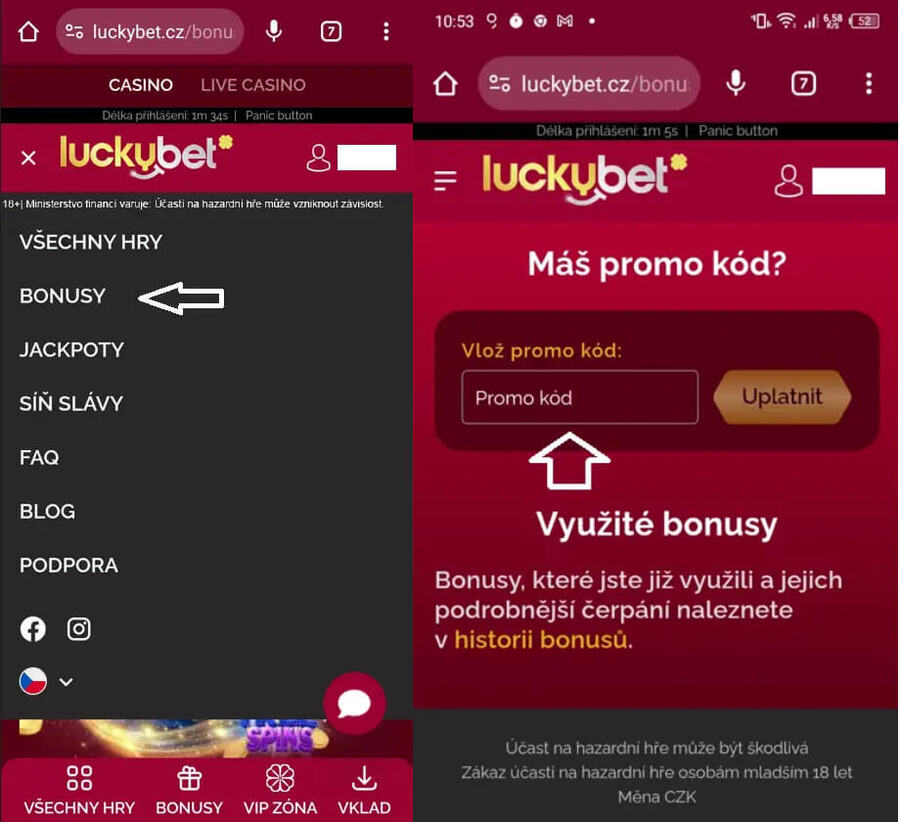 LuckyBet promo kód na mobilu