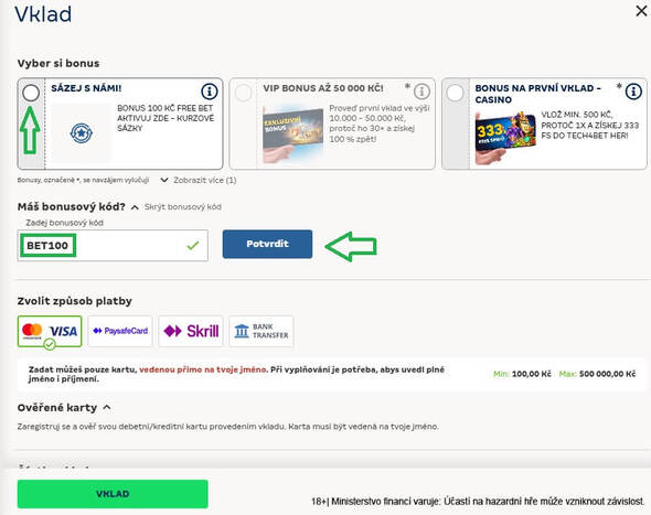 Postup aktivace kódu BET100 ke vkladu u&nbsp;MerkurXtip