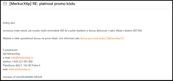 Ověření platnosti kódu BET100 na podpoře Merkurxtip.cz