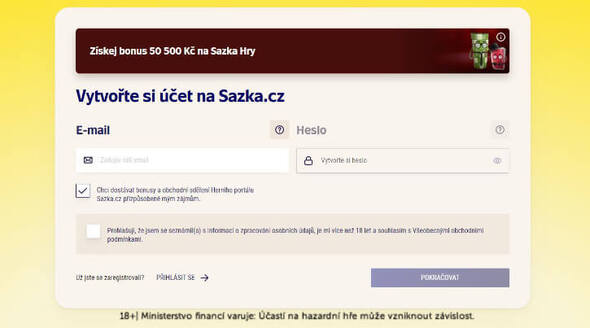 Sazka Hry registrační formulář