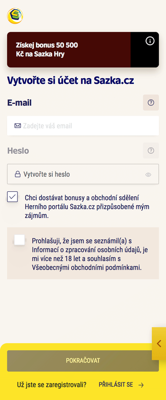 Vyplnění registračního formuláře