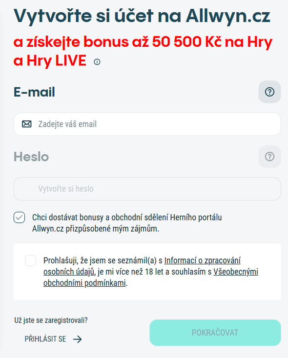Začátek registrace v&nbsp;online casinu Sazka (Allwyn)