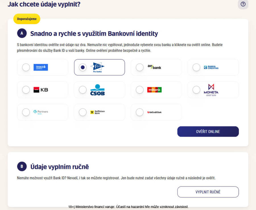 Osobní údaje lze vyplnit přes Bank ID