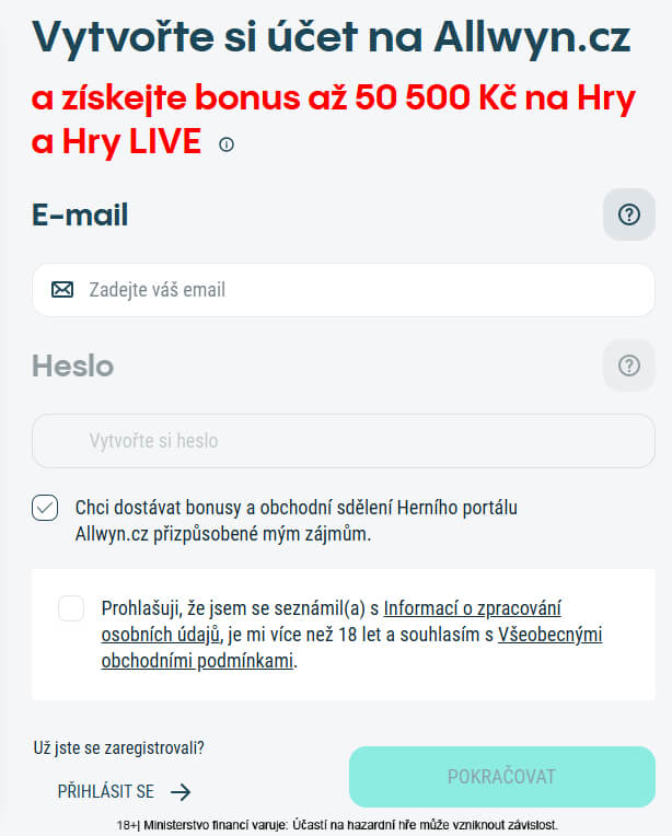 Začátek registrace v&nbsp;online casinu Sazka Hry (Allwyn)