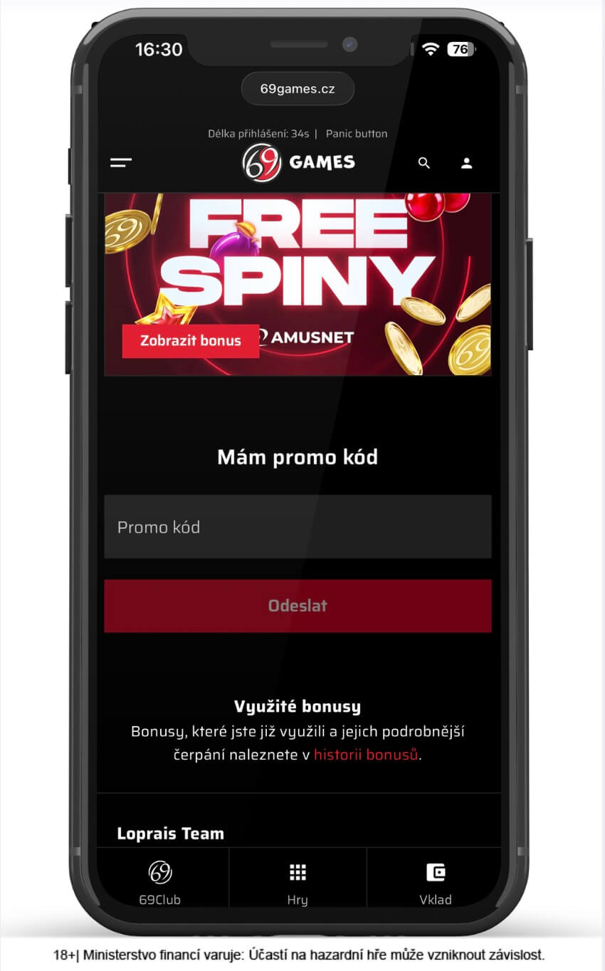 Pole pro zadání promo kódu v&nbsp;sekci Bonusy u&nbsp;69Games