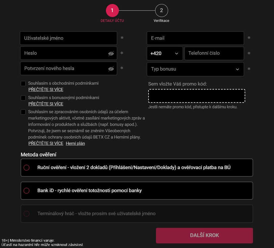 Prvním krokem k&nbsp;registraci herního konta v&nbsp;BetX je vyplnění formuláře