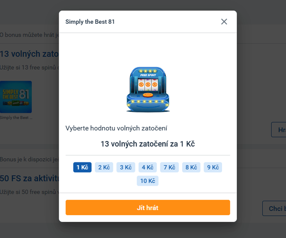 Vyberte si hodnotu volných otoček Tipsport