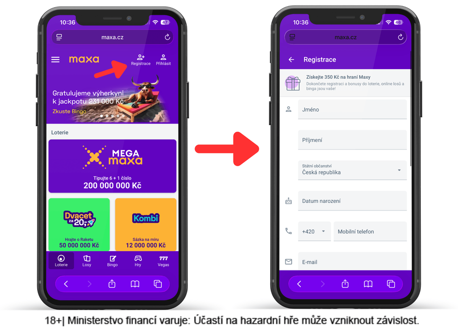 Registrační formulář online casina Maxa