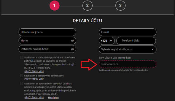 Kam se píše Betx promo kód při registraci?