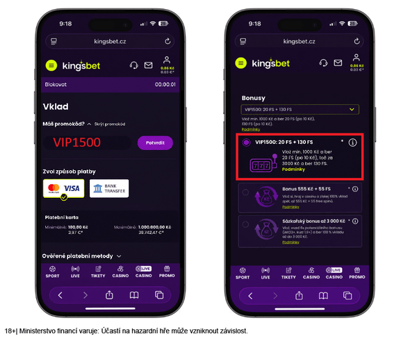 Aktivace Kingsbet promo kódů VIP1500 ke vkladu