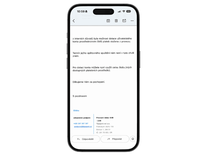 Tipsport SMS vklad je dočasně nedostupný