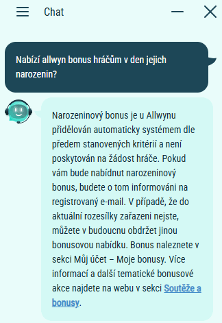 Ověření narozeninového bonusu na podpoře allwyn.cz