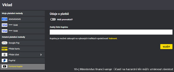 Fortuna kupón pro vklady na online účet