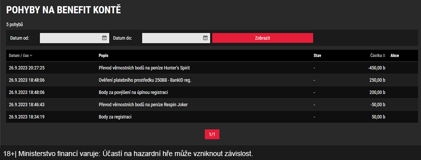 Historie Benefit konta u&nbsp;SYNOT TIPu lze sledovat v&nbsp;účtu