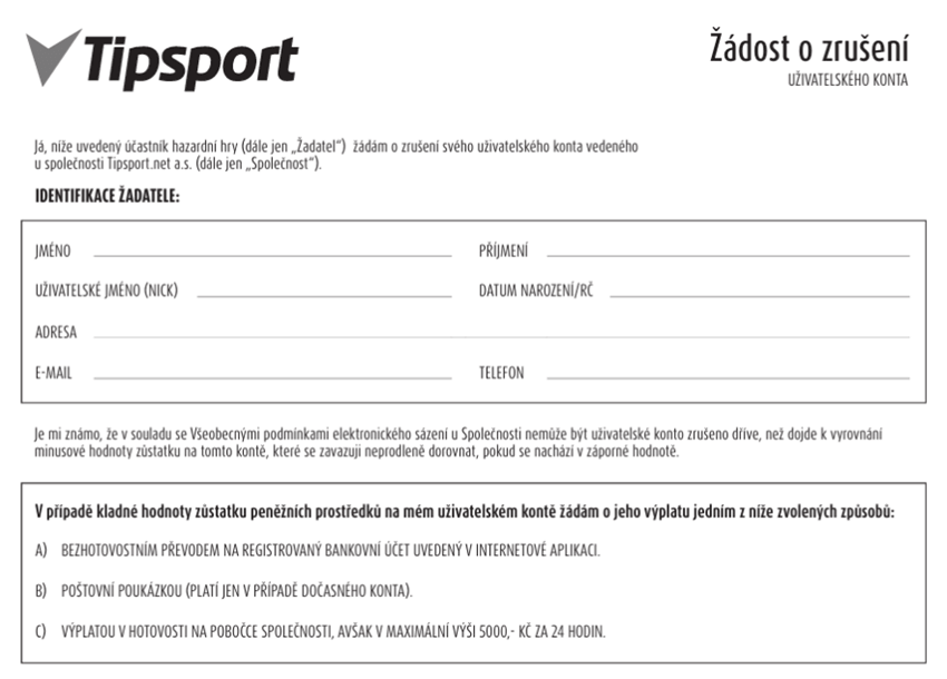 Náhled formuláře ke zrušení herního konta u&nbsp;Tipsportu