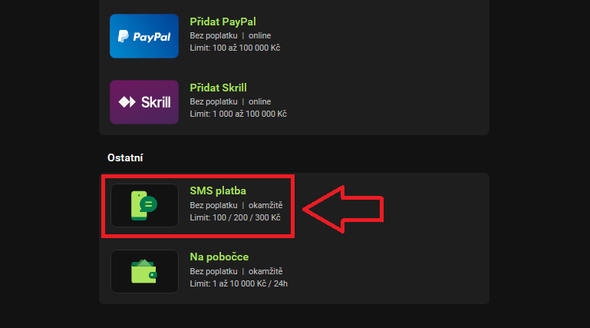 Chance SMS vklad najdete po přihlášení v&nbsp;záložce VLOŽIT PENÍZE