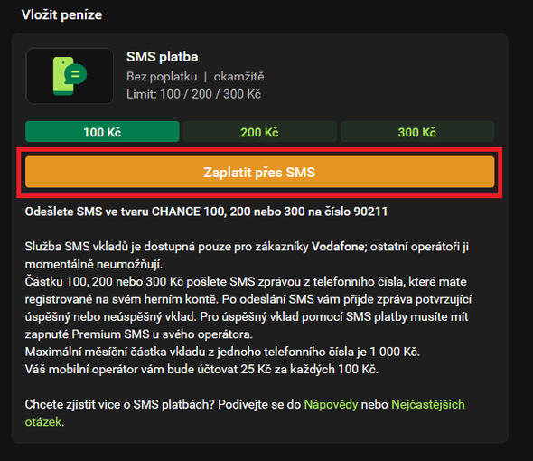 Zvolte částku pro Chance SMS vklad a&nbsp;potvrďte