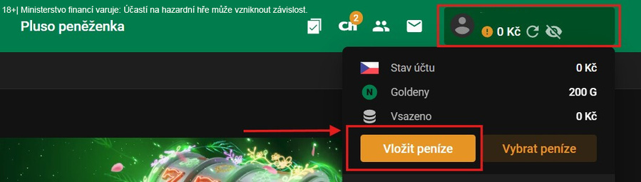Přihlaste se do casina a&nbsp;klikněte na Vklad