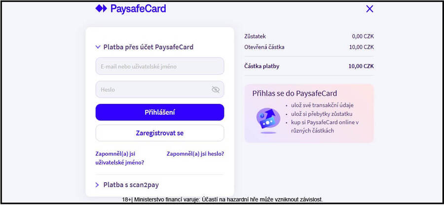 Přihlaste se do Paysafecard účtu a&nbsp;potvrďte vklad