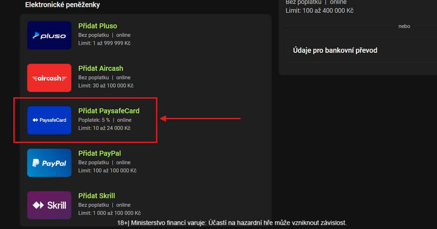 Zvolte metodu Paysafecard