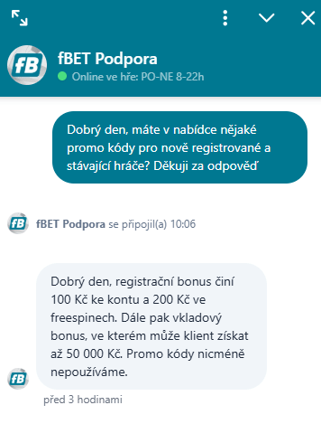 Ověření dostupnosti fBET promo kódu