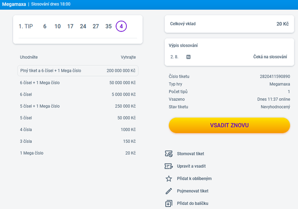 Jak vypadá online tiket Mega Maxa?