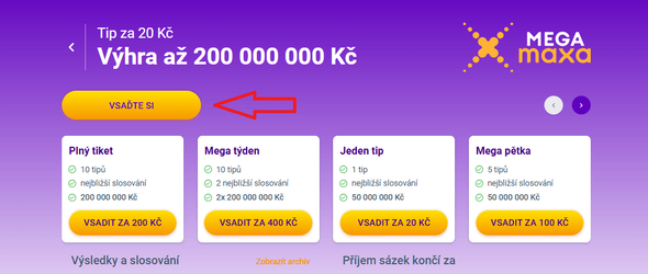 Přejděte na VSADIT a&nbsp;přejděte k&nbsp;výběru čísle Mega Maxa