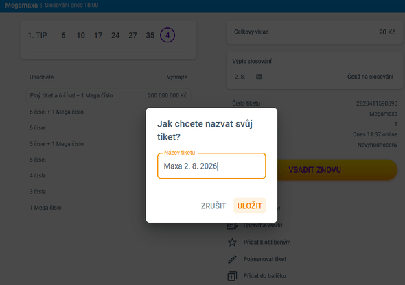 Jak pojmenovat tiket Mega Maxa?