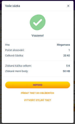 Potvrzení vsazení tiketu Mega Maxa