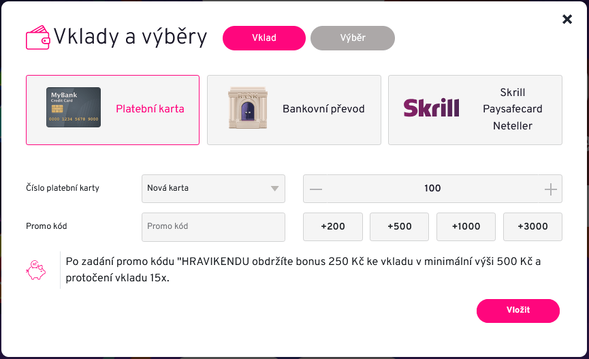 Vkladové metody casino Apollo Games