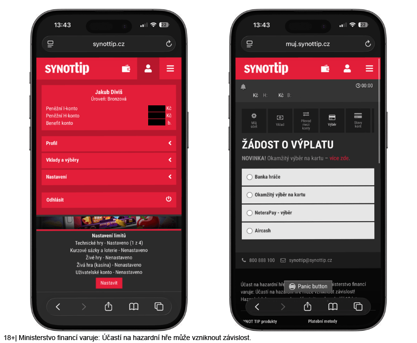 Sekce pro výběr peněz z&nbsp;herního účtu v&nbsp;online casinu SYNOT TIP